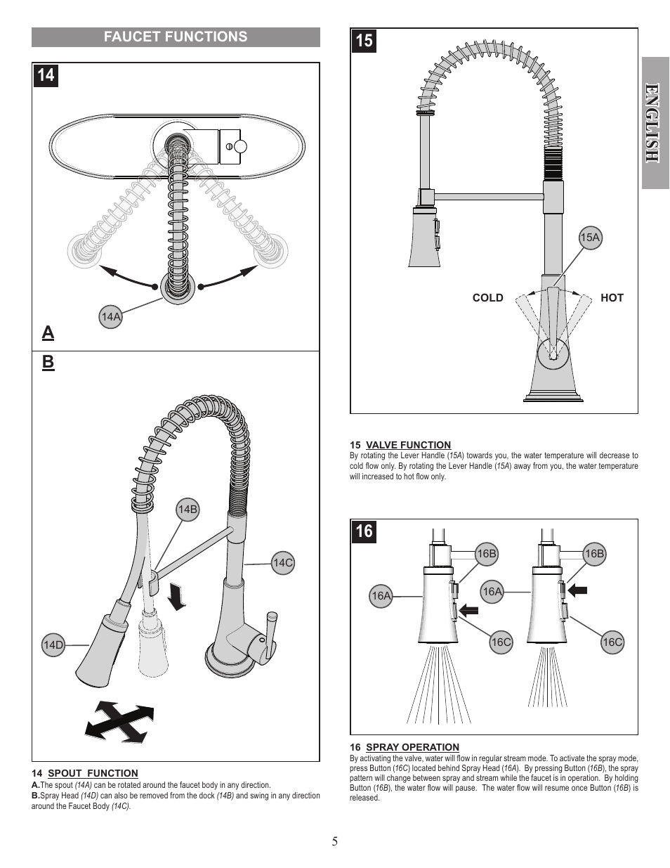 English, Faucet functions | Pfister GT529-MCS User Manual | Page 5 / 17