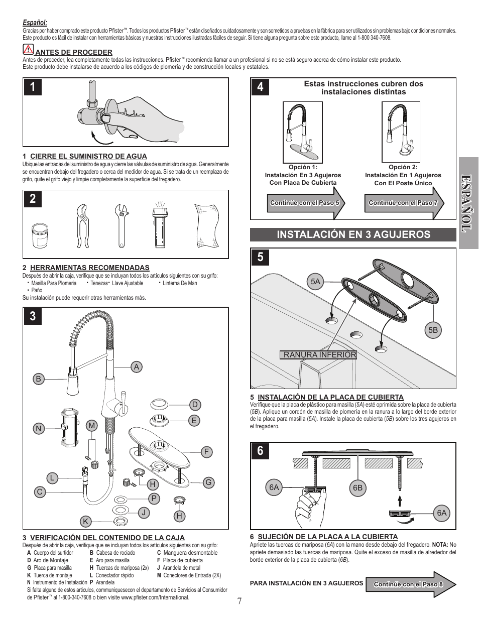 Esp a ñ ol, Instalación en 3 agujeros | Pfister GT529-MCS User Manual | Page 7 / 17