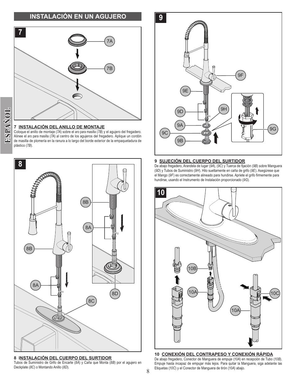 Esp a ñ ol, Instalación en un agujero | Pfister GT529-MCS User Manual | Page 8 / 17