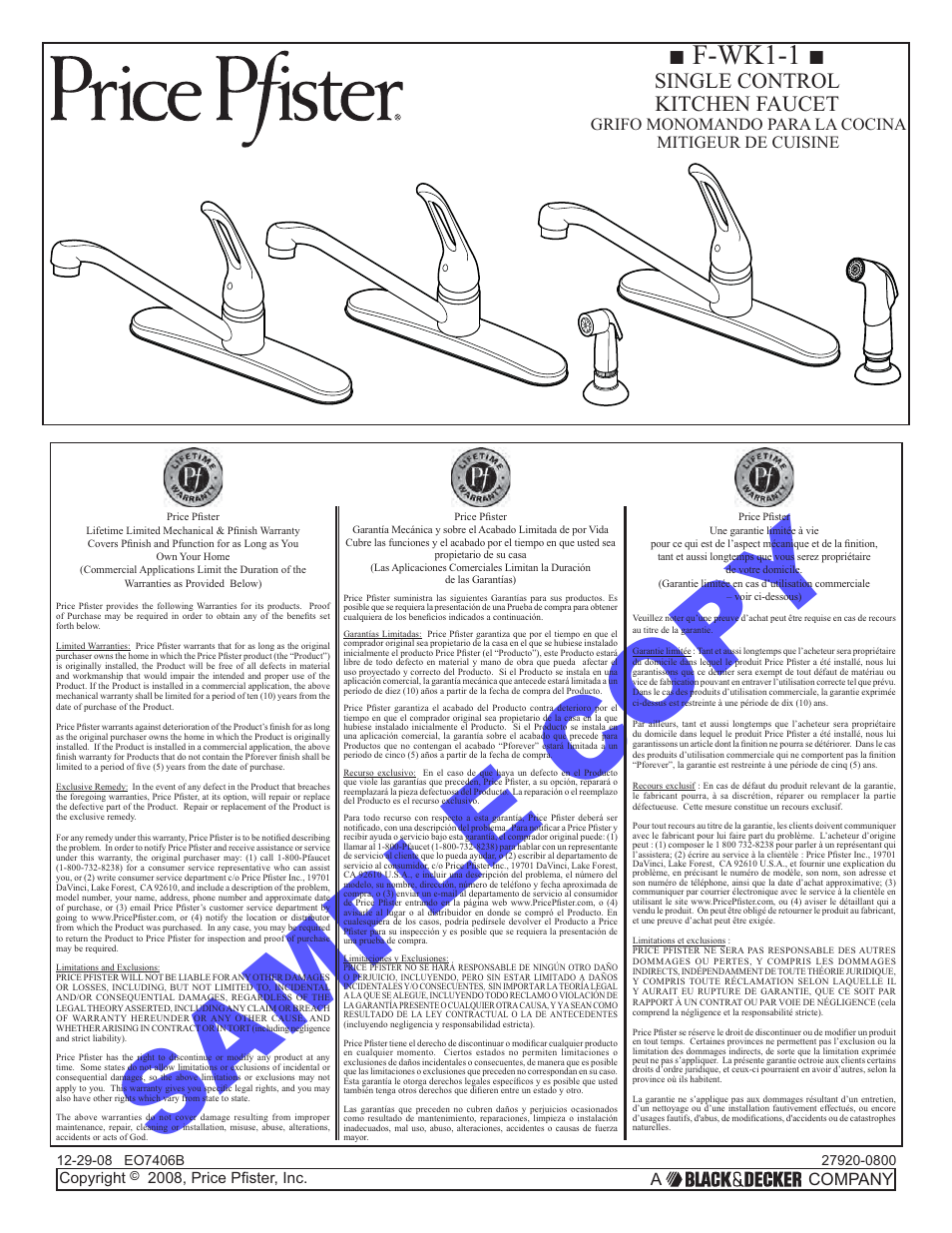 Pfister F-WK1-100C User Manual | 7 pages