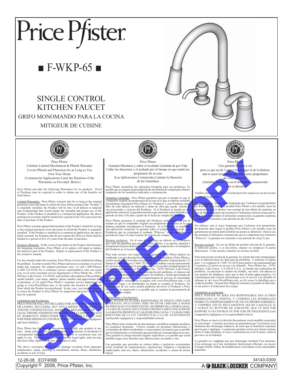 Pfister F-WKP-650C User Manual | 8 pages