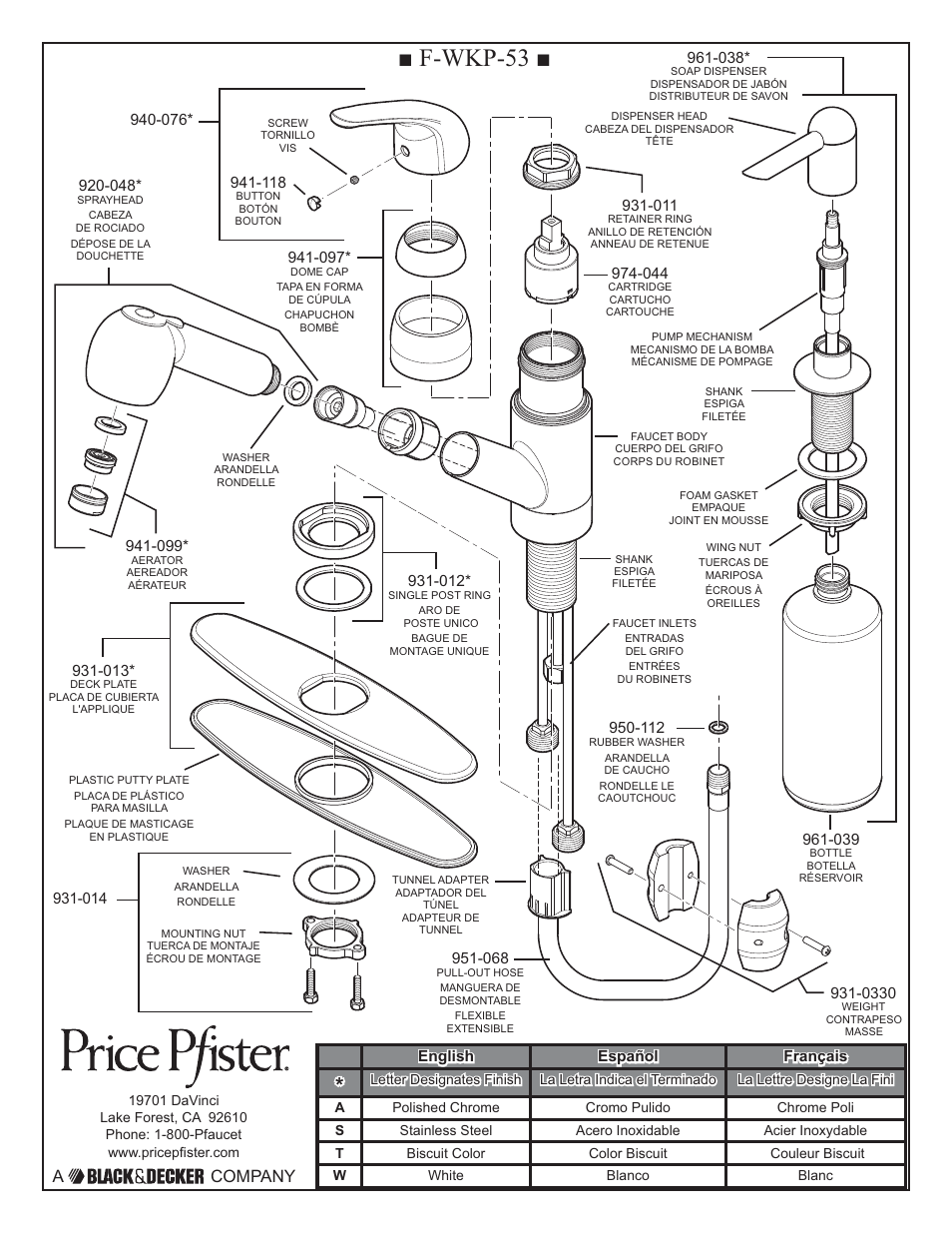 F-wkp-53, A company, English español français | Pfister F-WKP-533S User Manual | Page 2 / 9