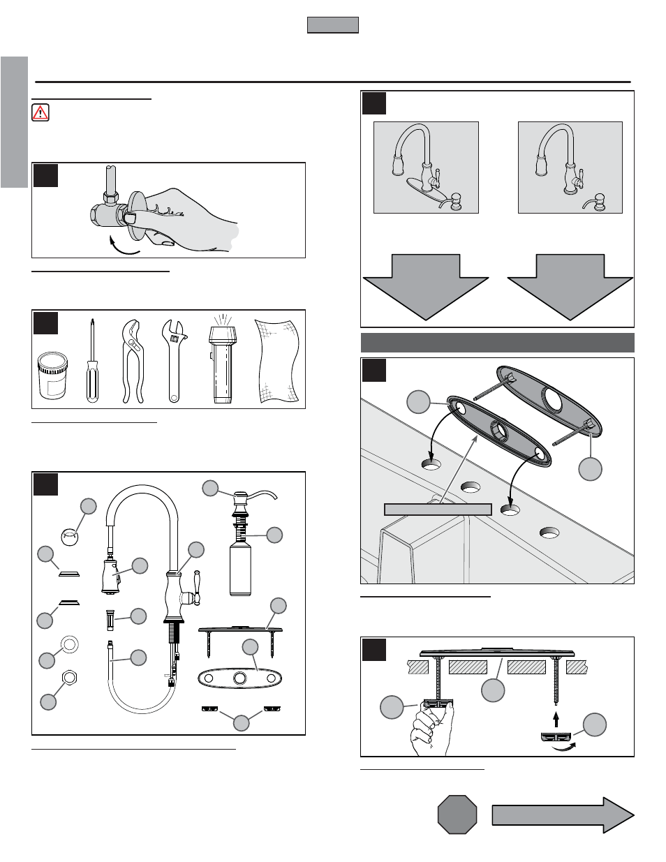 En g l is h english, Stop, Go to | Go to step 8 step 8, Go to step 6 step 6, 4 hole installation | Pfister GT529-TMS User Manual | Page 2 / 18