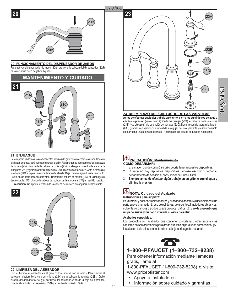 Esp a ñ ol, Mantenimiento y cuidado | Pfister F-531-4TMS User Manual | Page 11 / 18