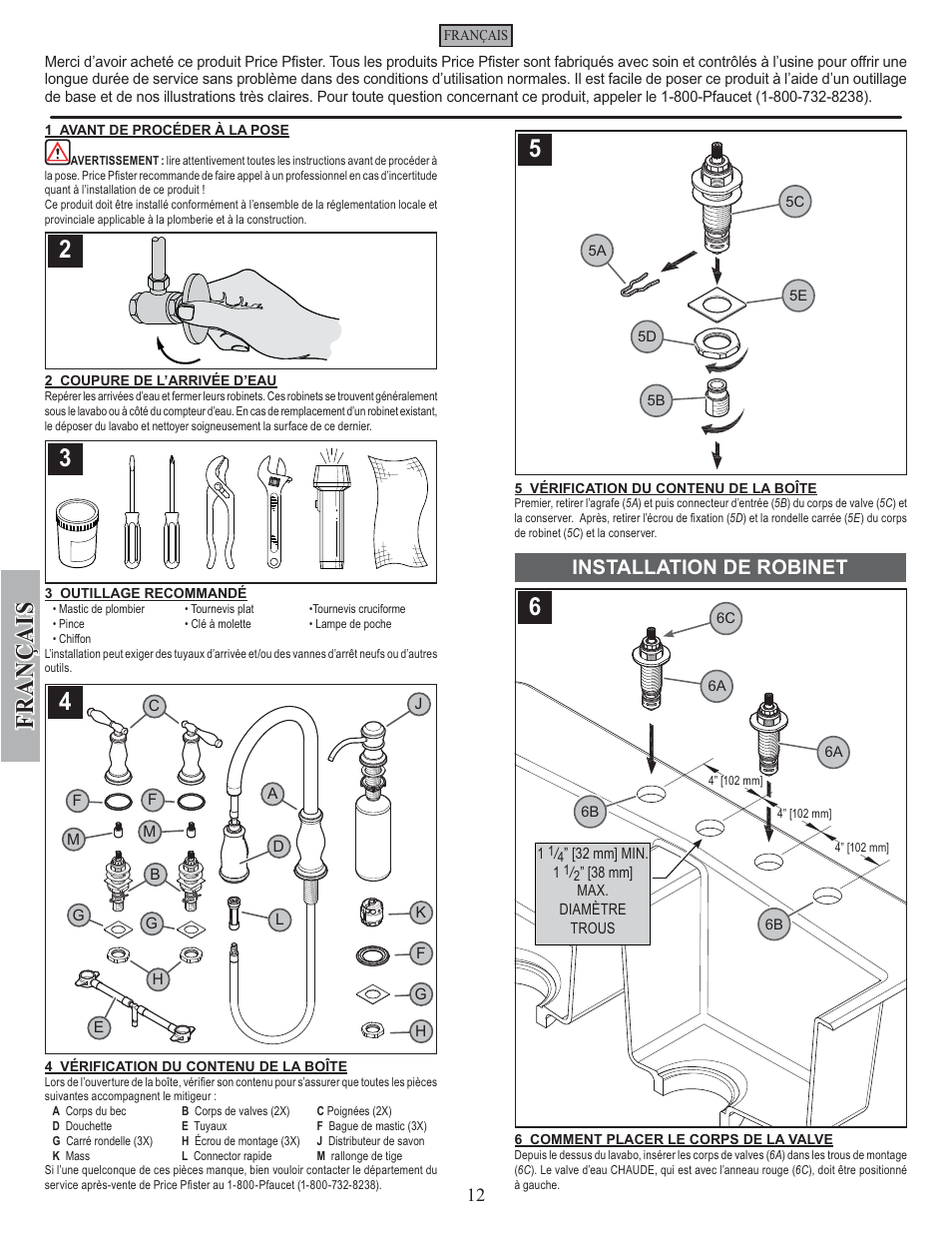 Fran ç ais, Installation de robinet | Pfister F-531-4TMS User Manual | Page 12 / 18