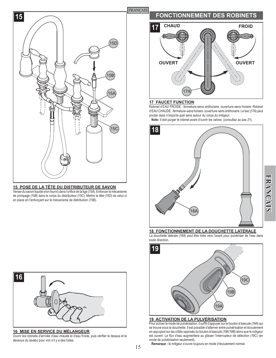 Fran ç ais, Fonctionnement des robinets | Pfister F-531-4TMS User Manual | Page 15 / 18