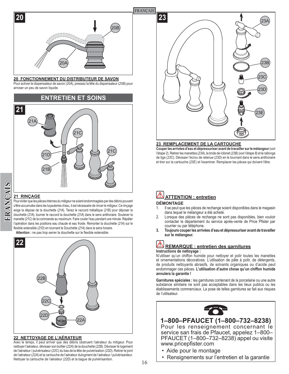 Fran ç ais, Entretien et soins | Pfister F-531-4TMS User Manual | Page 16 / 18
