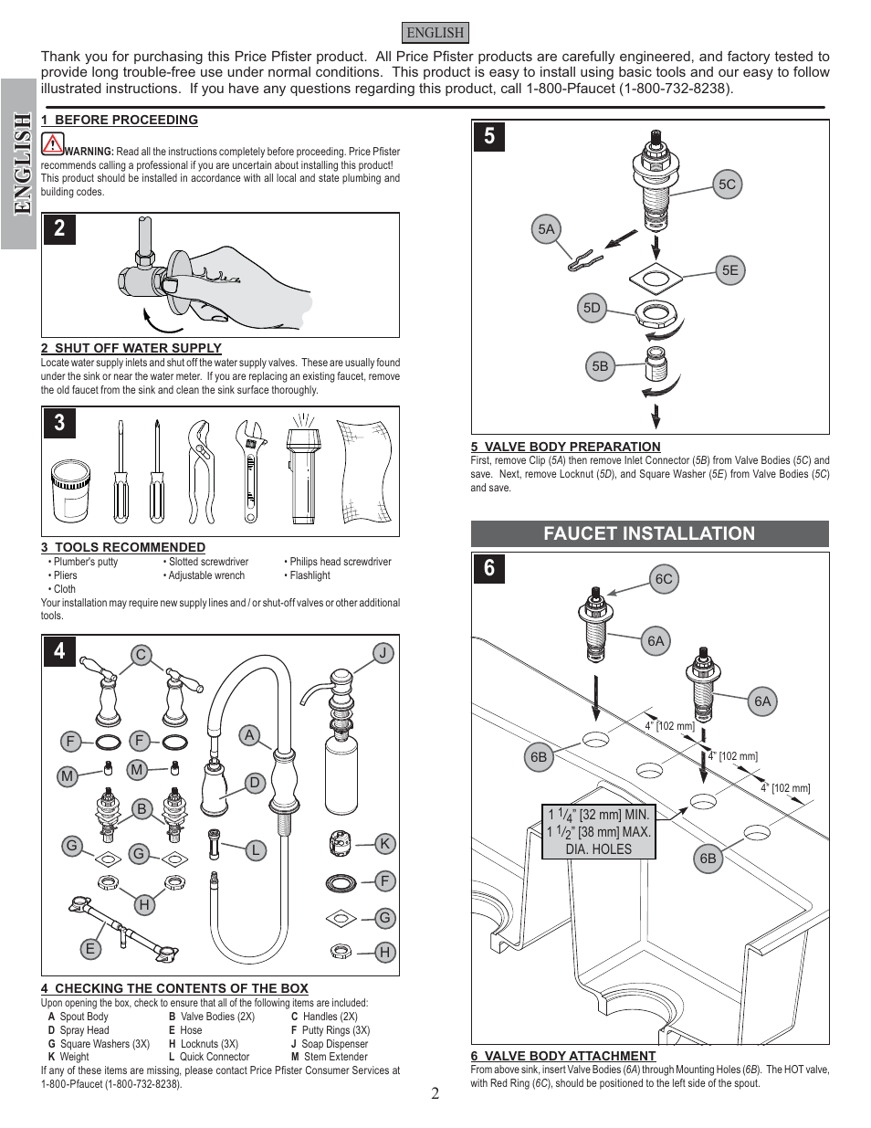 English, Faucet installation | Pfister F-531-4TMS User Manual | Page 2 / 18