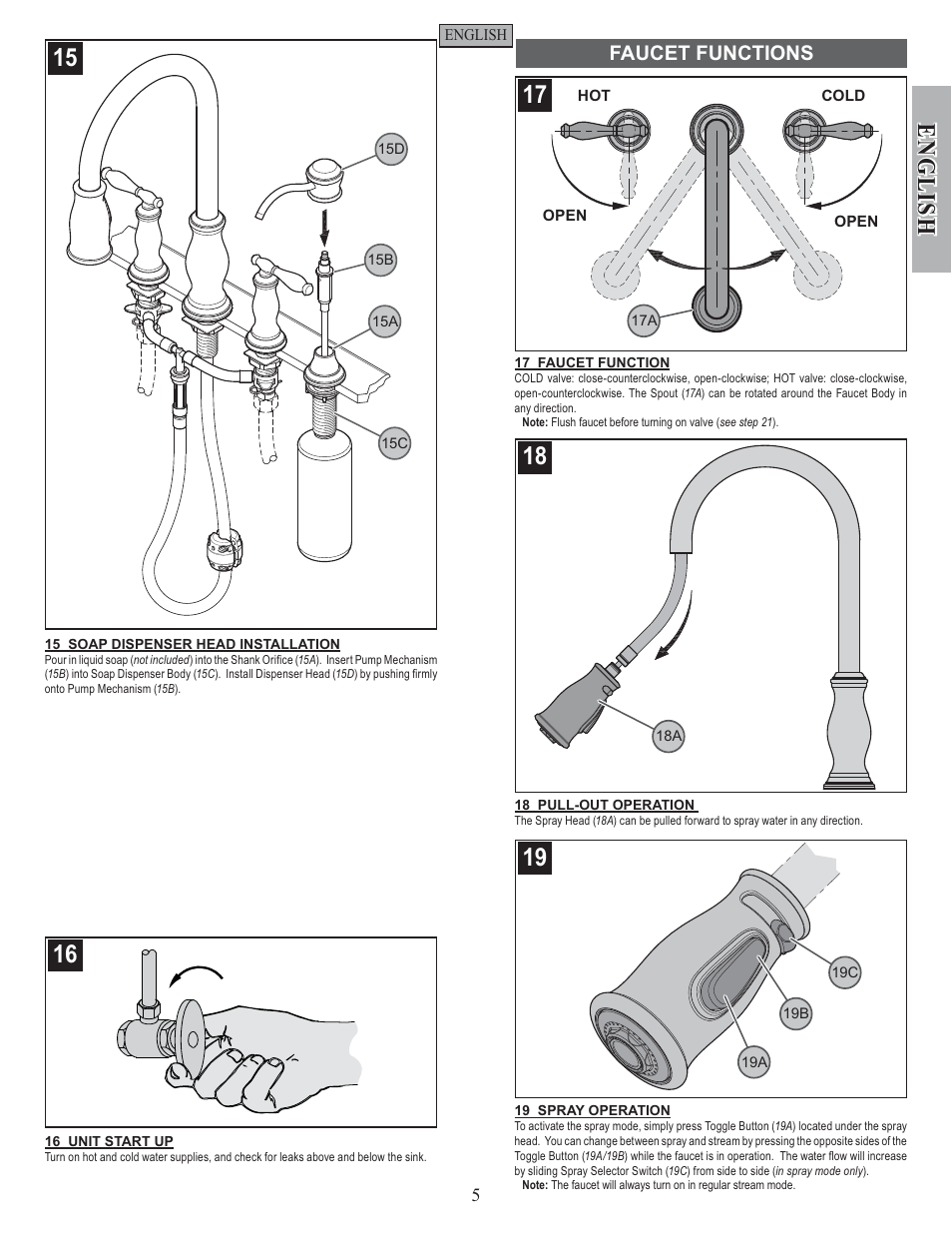English, Faucet functions | Pfister F-531-4TMS User Manual | Page 5 / 18