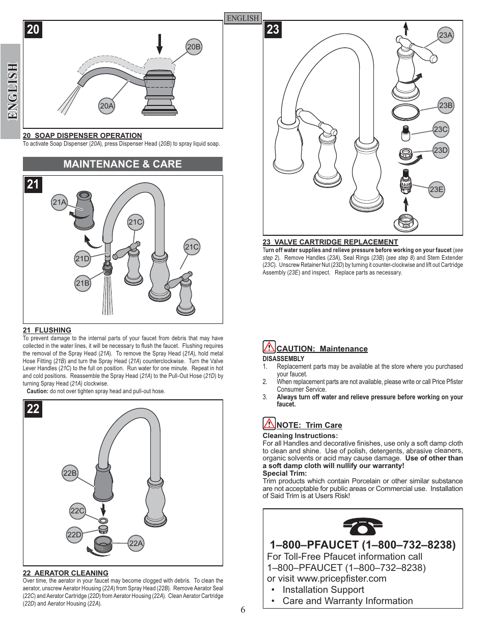 English, Maintenance & care | Pfister F-531-4TMS User Manual | Page 6 / 18