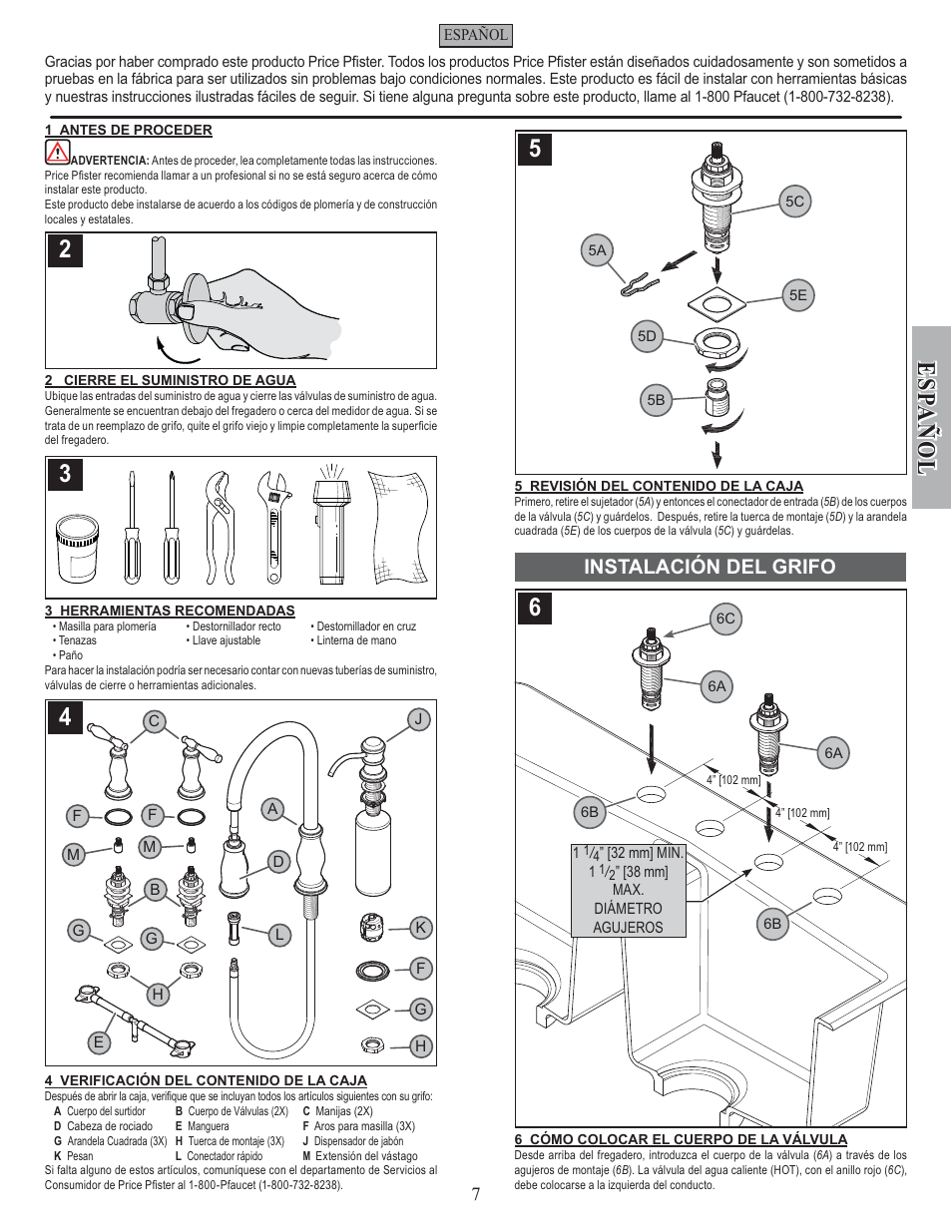 Esp a ñ ol, Instalación del grifo | Pfister F-531-4TMS User Manual | Page 7 / 18