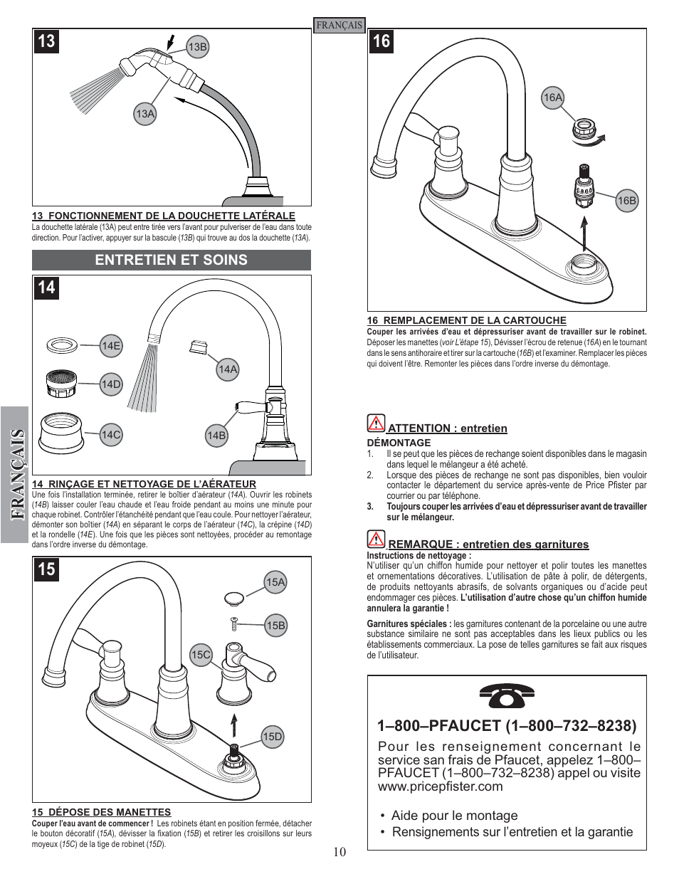 Fran ç ais, Entretien et soins | Pfister F-036-CL4S User Manual | Page 10 / 12