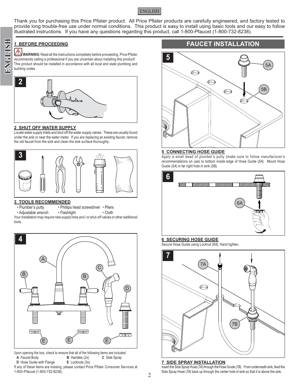 English, Faucet installation | Pfister F-036-CL4S User Manual | Page 2 / 12