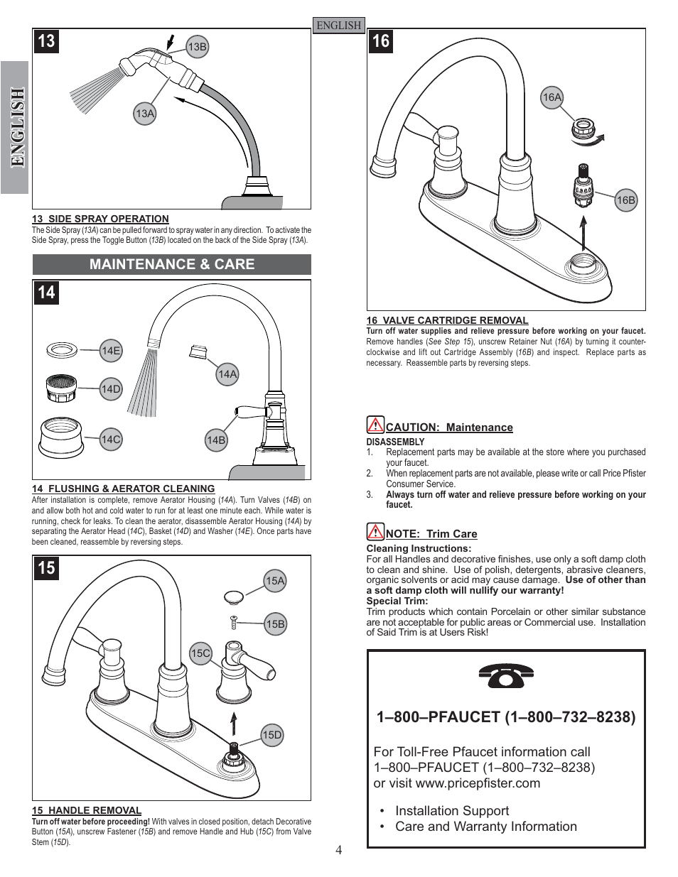 English, Maintenance & care | Pfister F-036-CL4S User Manual | Page 4 / 12