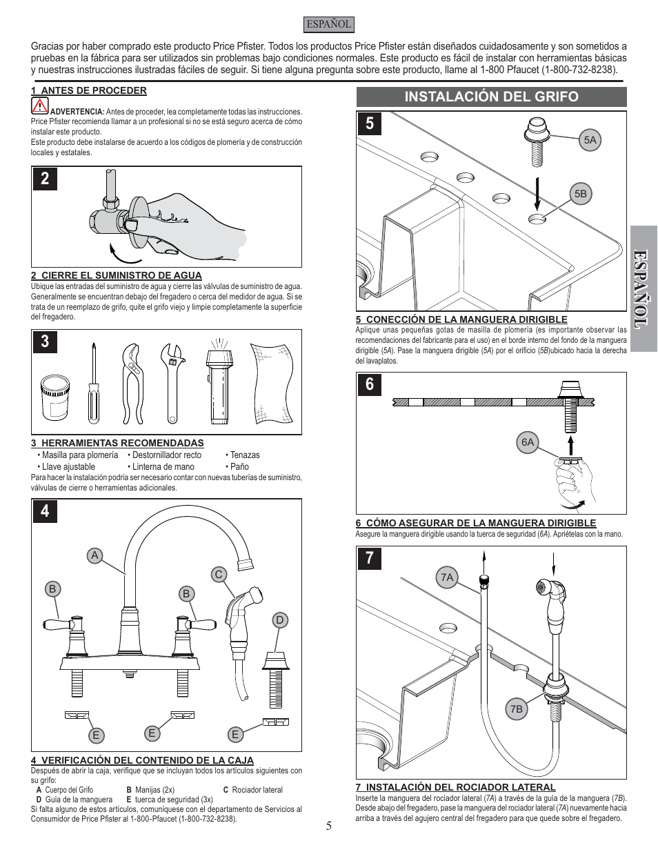 Esp a ñ ol, Instalación del grifo | Pfister F-036-CL4S User Manual | Page 5 / 12