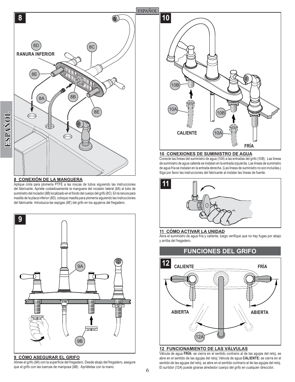 Esp a ñ ol, Funciones del grifo | Pfister F-036-CL4S User Manual | Page 6 / 12