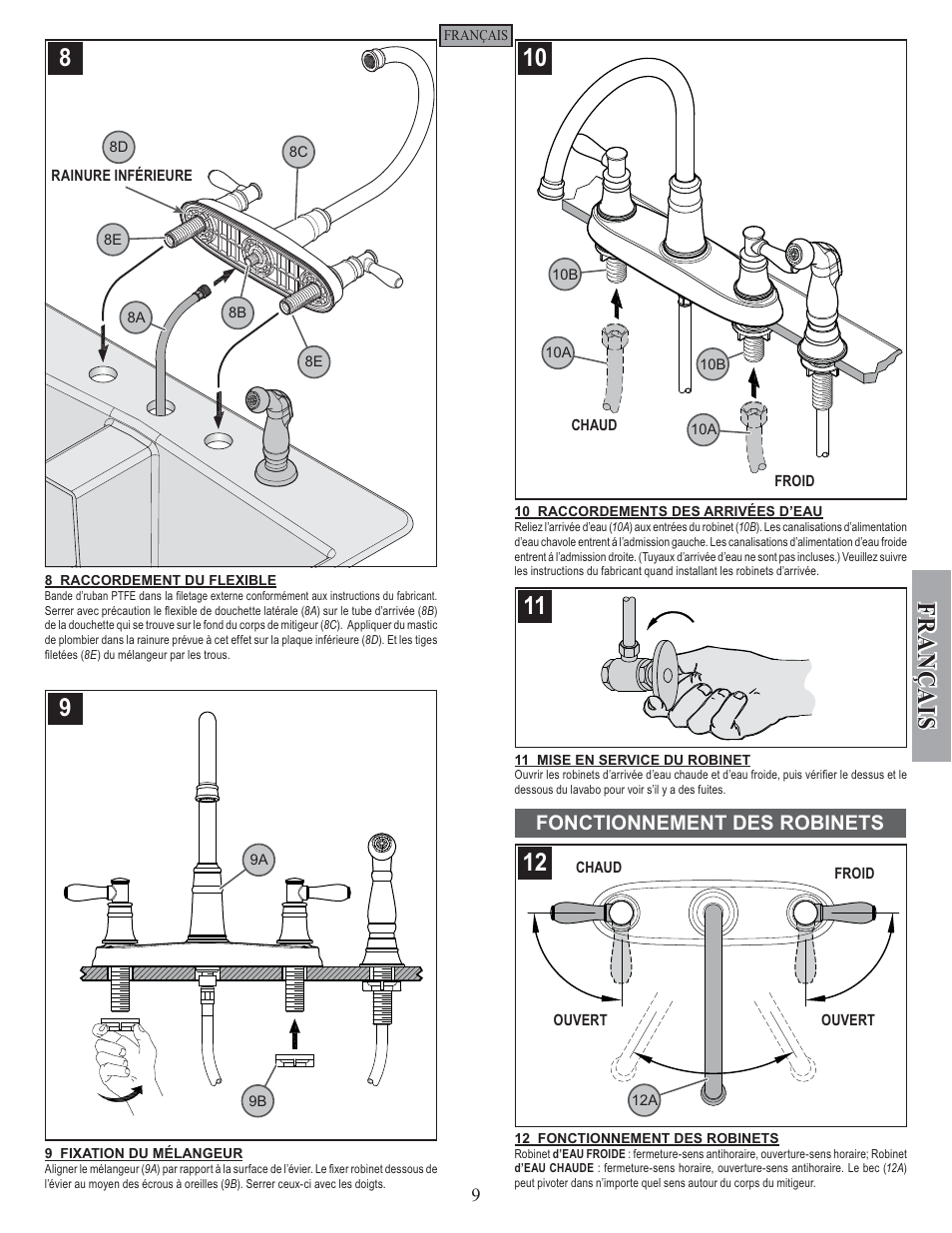 Fran ç ais, Fonctionnement des robinets | Pfister F-036-CL4S User Manual | Page 9 / 12