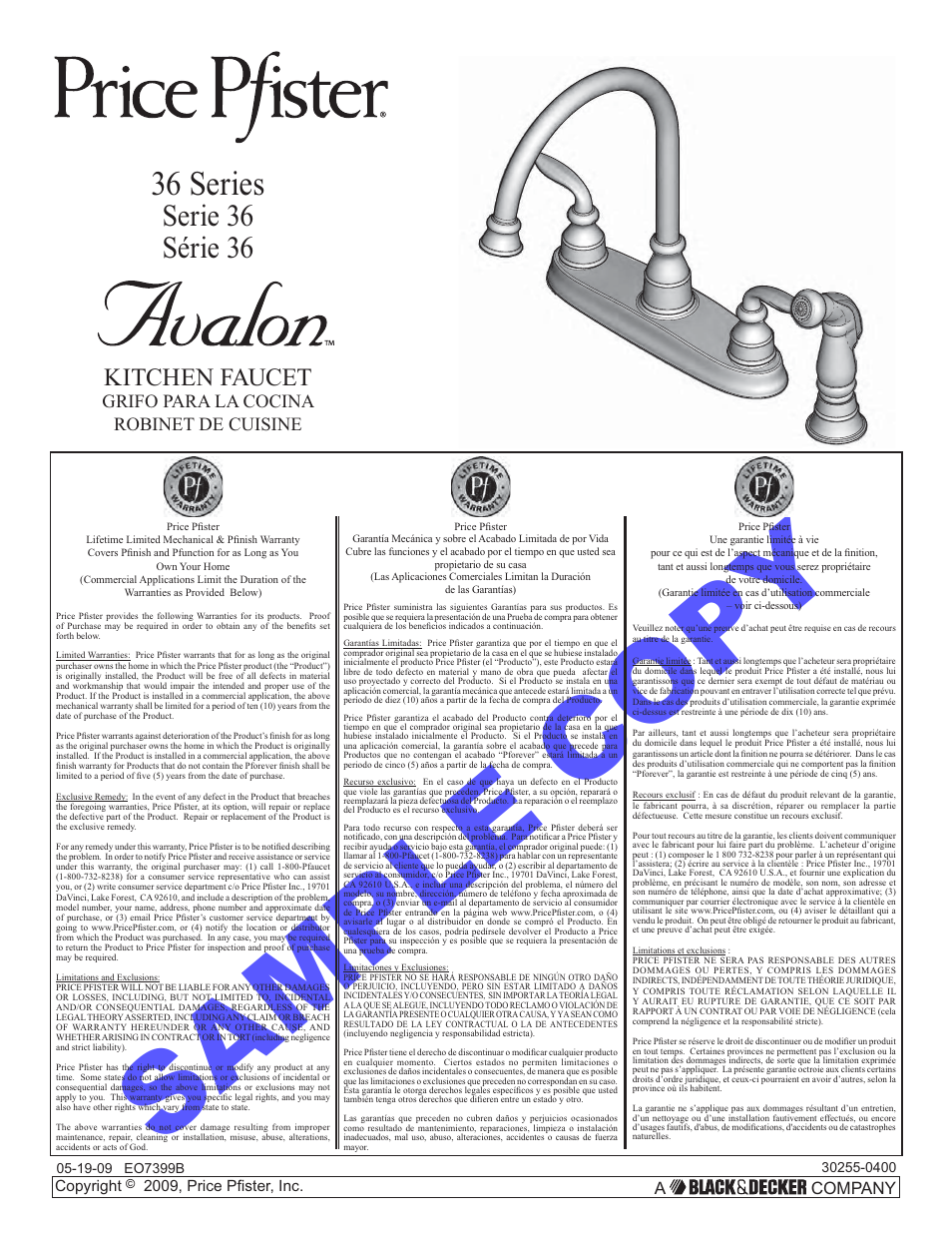 Pfister GT36-4CBS User Manual | 12 pages