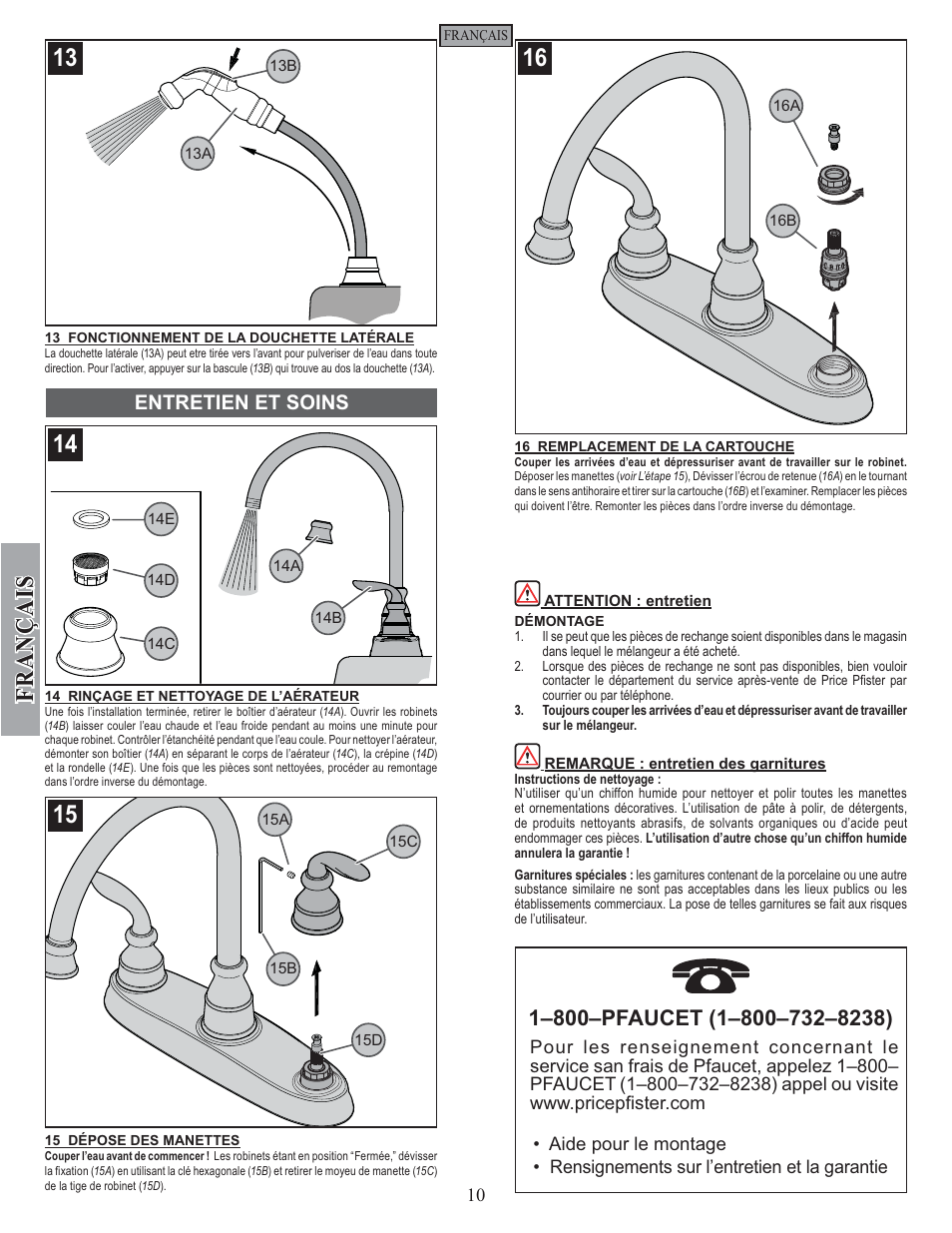 Fran ç ais, Entretien et soins | Pfister GT36-4CBS User Manual | Page 10 / 12