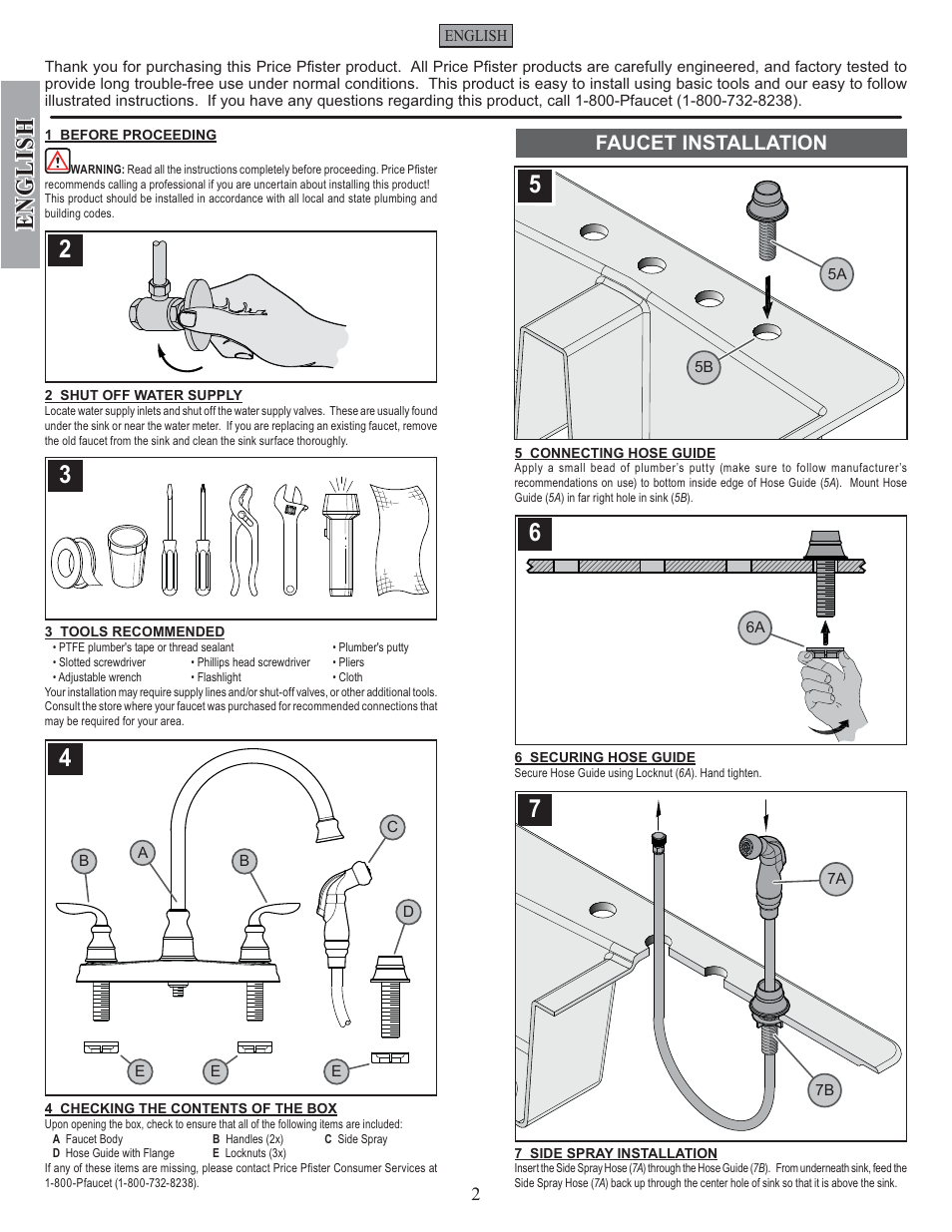 English, Faucet installation | Pfister GT36-4CBS User Manual | Page 2 / 12