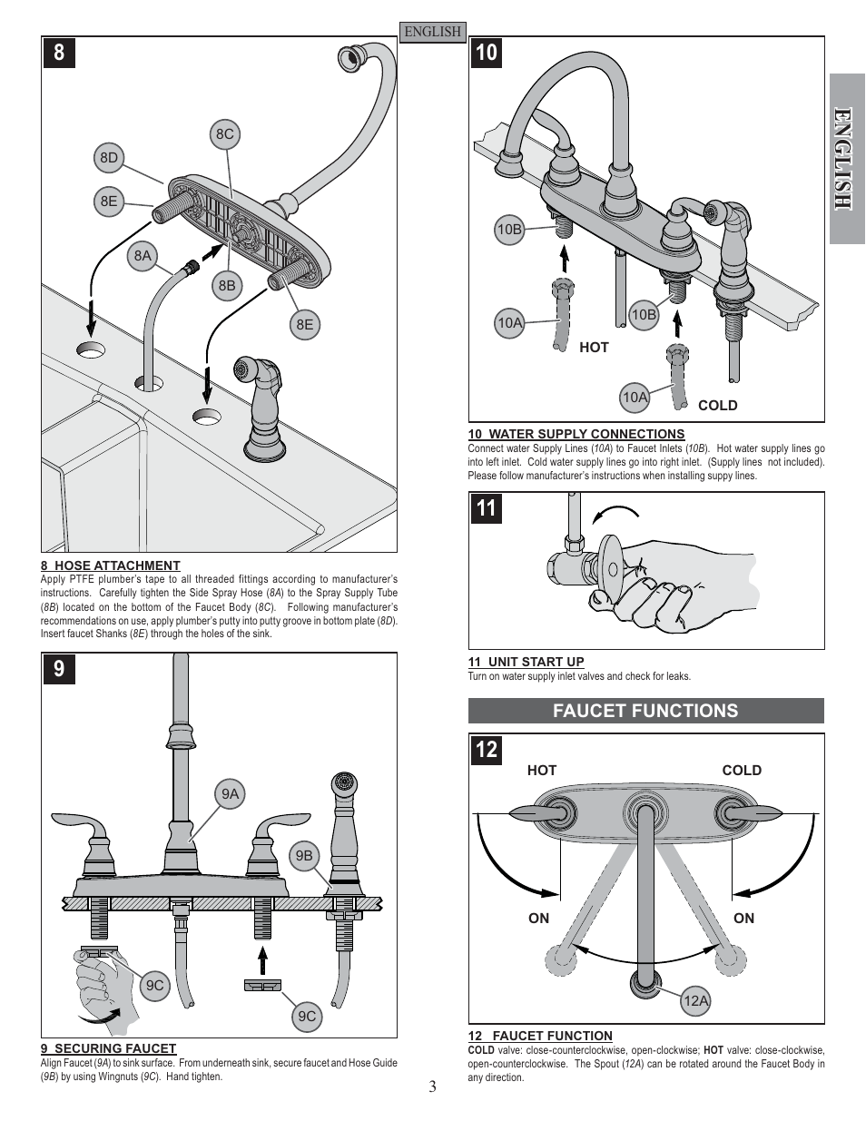 English, Faucet functions | Pfister GT36-4CBS User Manual | Page 3 / 12