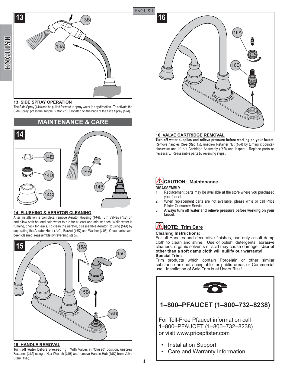 English, Maintenance & care | Pfister GT36-4CBS User Manual | Page 4 / 12