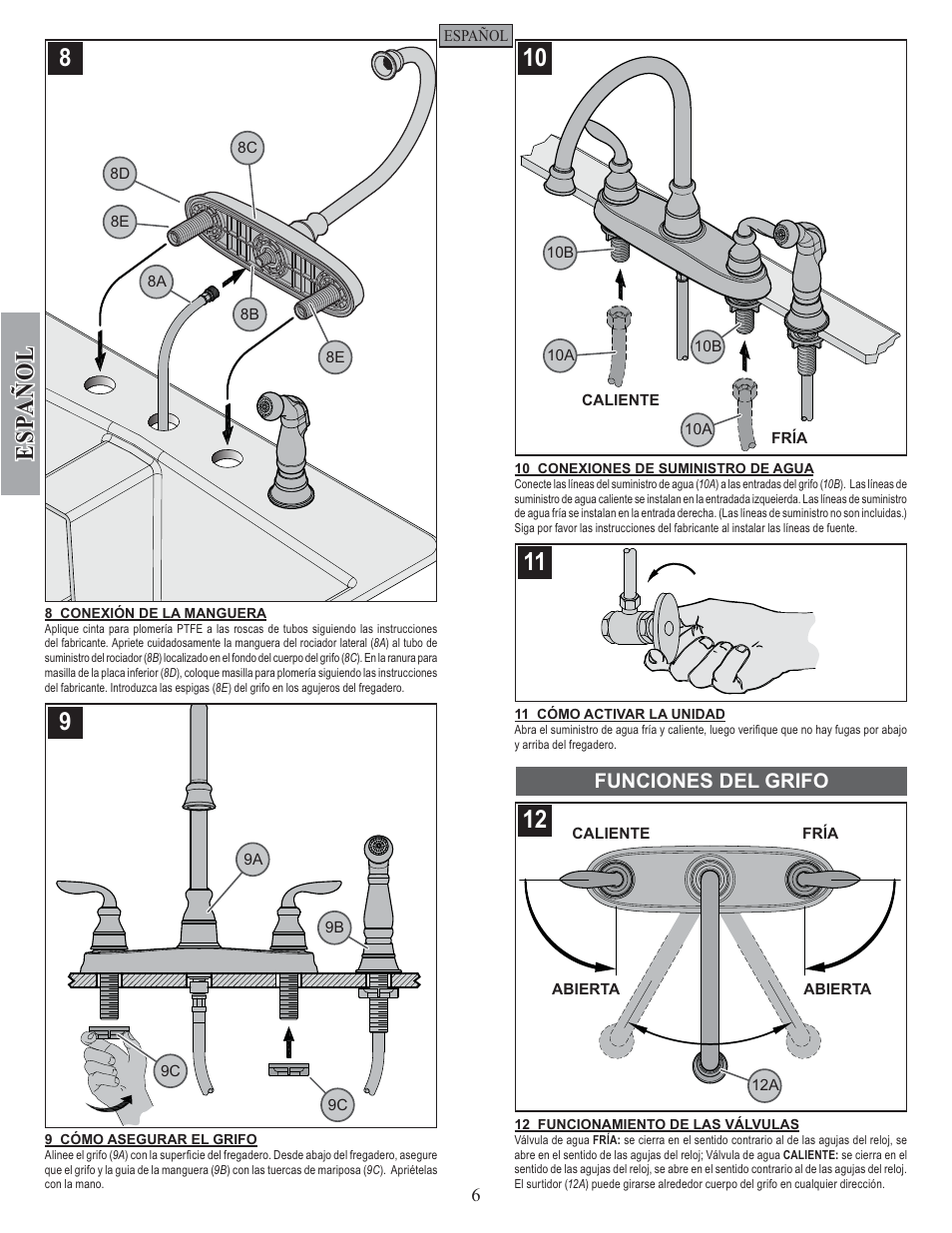 Esp a ñ ol, Funciones del grifo | Pfister GT36-4CBS User Manual | Page 6 / 12