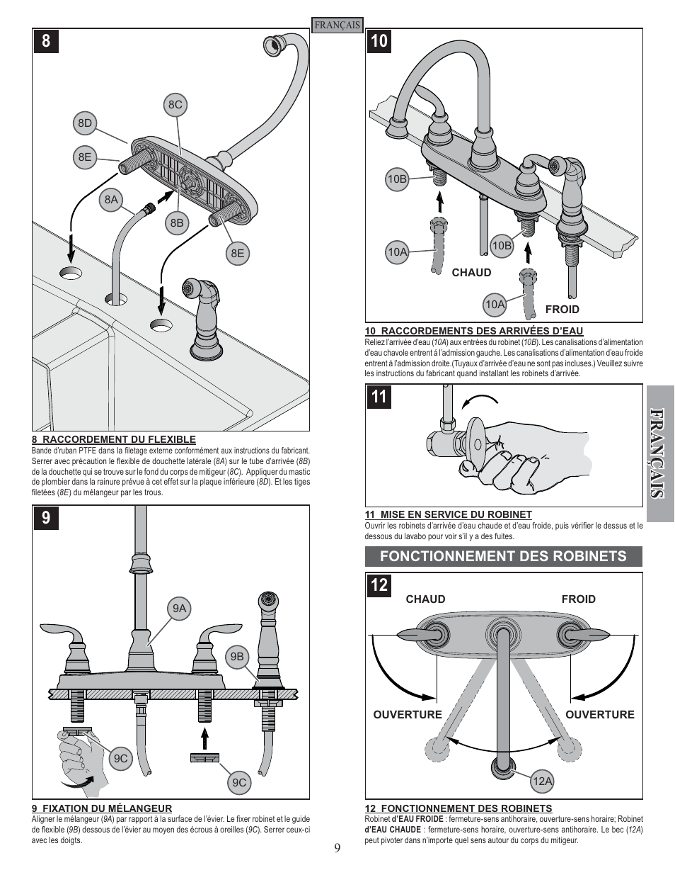 Fran ç ais, Fonctionnement des robinets | Pfister GT36-4CBS User Manual | Page 9 / 12