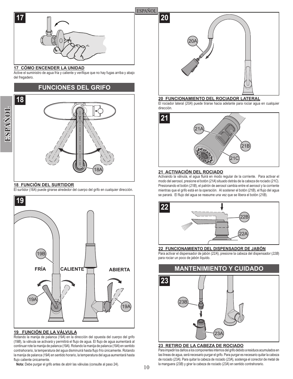 Esp a ñ ol, Funciones del grifo mantenimiento y cuidado | Pfister GT529-MDS User Manual | Page 10 / 18
