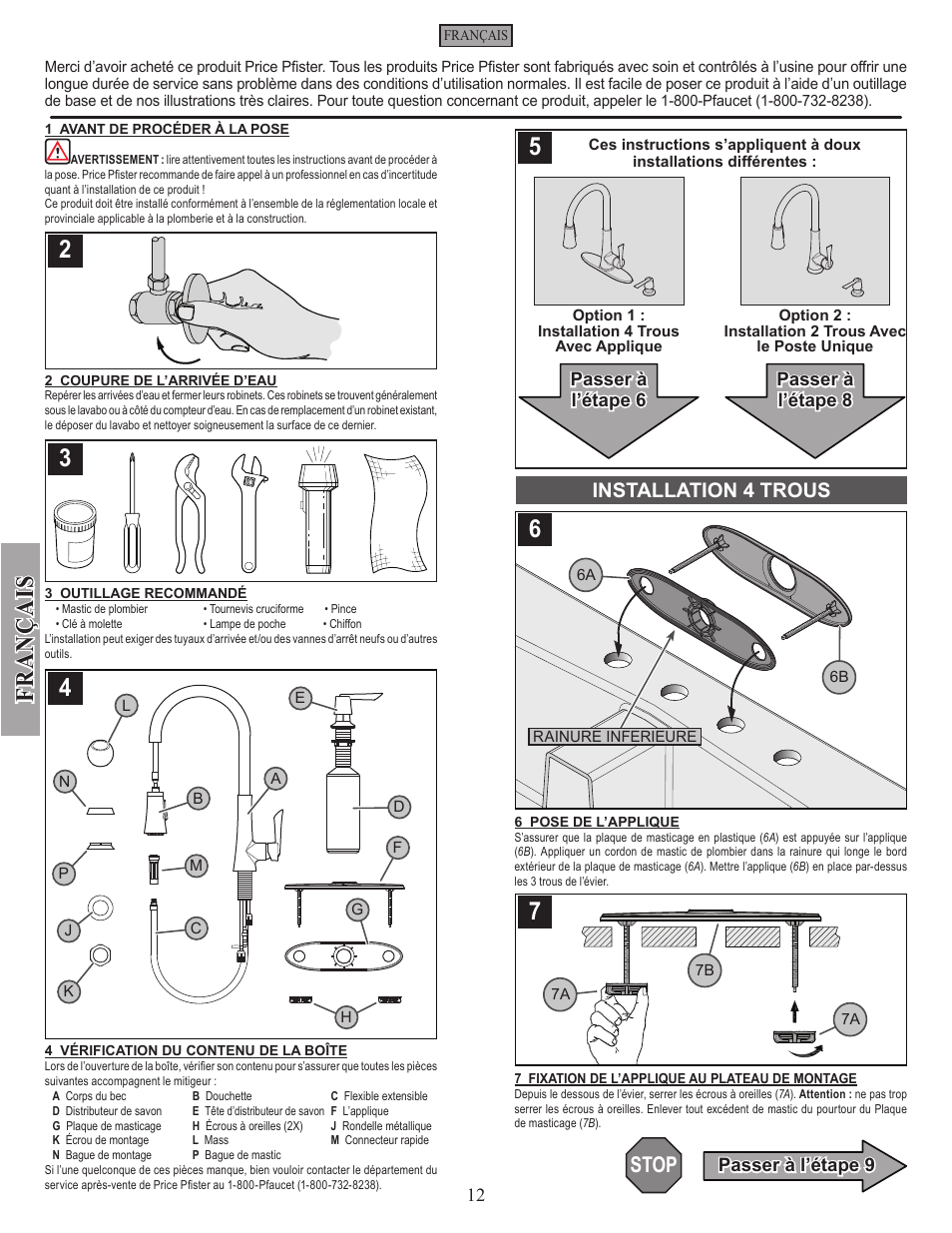 Fran ç ais, Stop, Installation 4 trous | Pfister GT529-MDS User Manual | Page 12 / 18