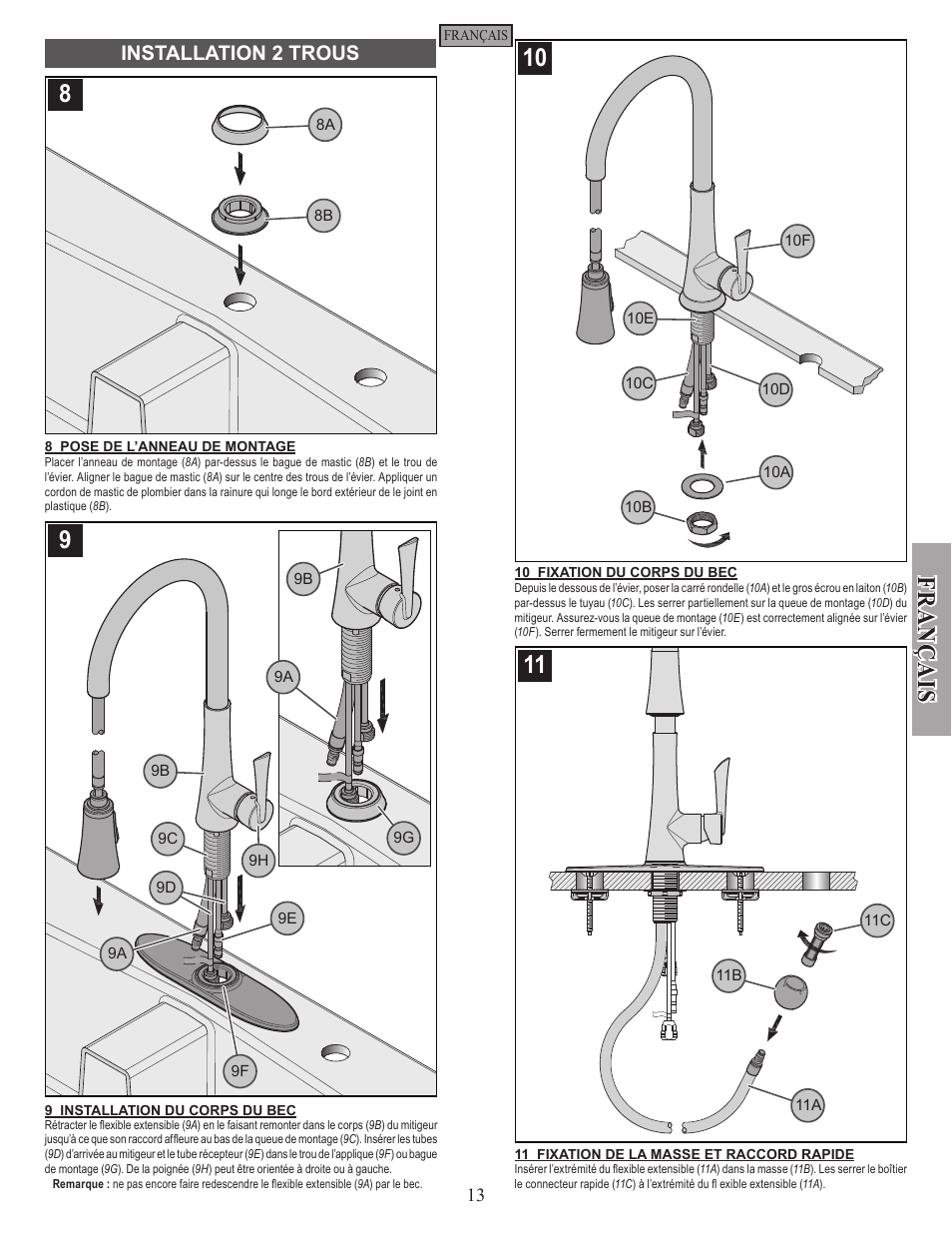 Fran ç ais, Installation 2 trous | Pfister GT529-MDS User Manual | Page 13 / 18