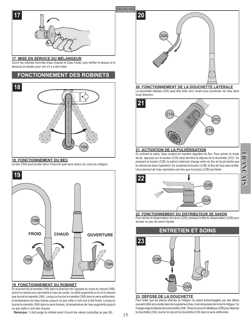 Fran ç ais, Fonctionnement des robinets entretien et soins | Pfister GT529-MDS User Manual | Page 15 / 18