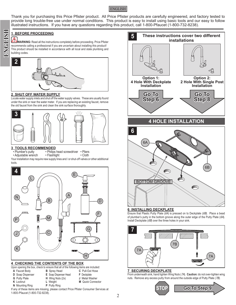 English, Stop, Go to step 8 | Go to step 6, 4 hole installation | Pfister GT529-MDS User Manual | Page 2 / 18