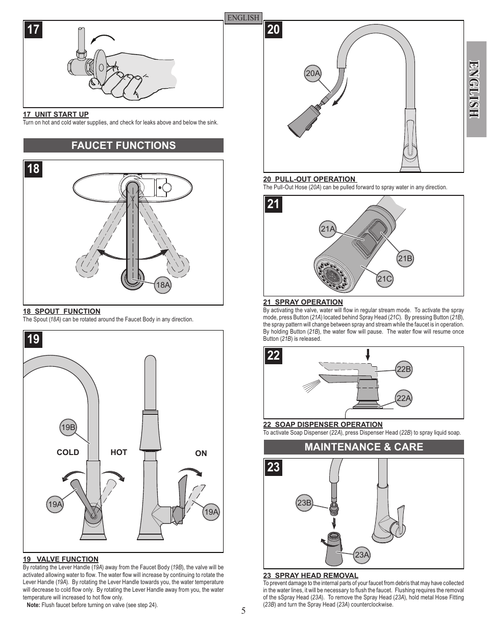 English, Maintenance & care faucet functions | Pfister GT529-MDS User Manual | Page 5 / 18