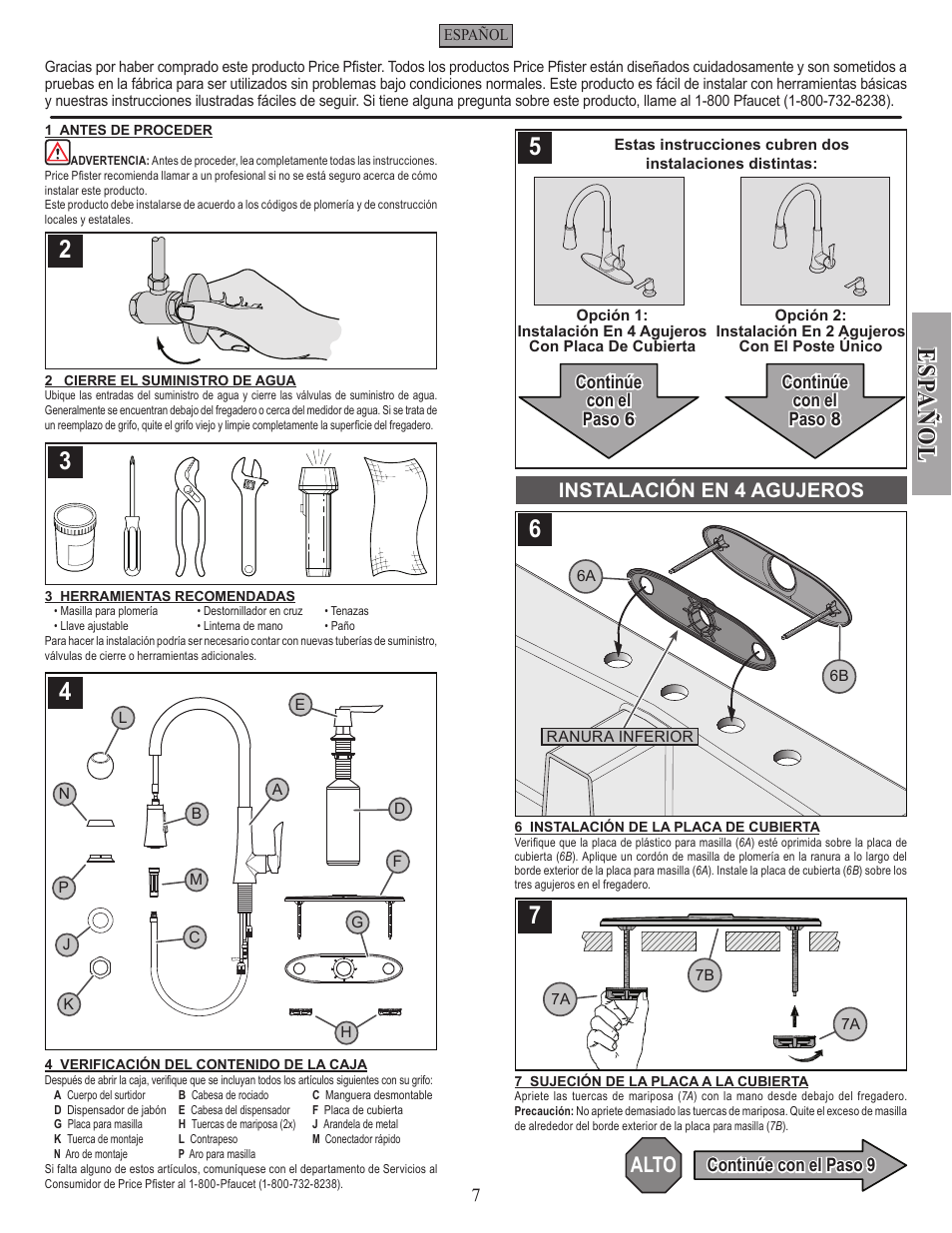 Esp a ñ ol, Alto, Instalación en 4 agujeros | Pfister GT529-MDS User Manual | Page 7 / 18