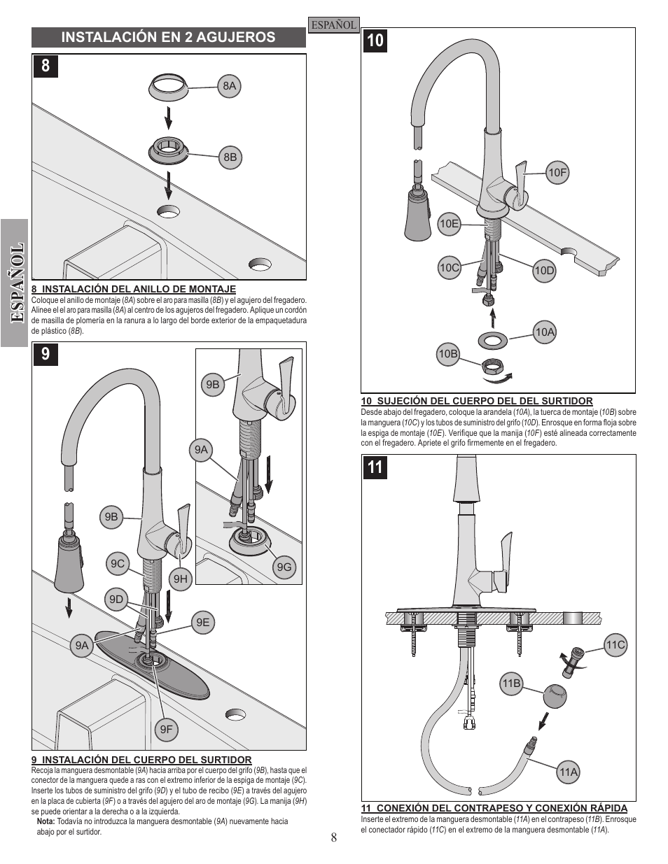 Esp a ñ ol, Instalación en 2 agujeros | Pfister GT529-MDS User Manual | Page 8 / 18