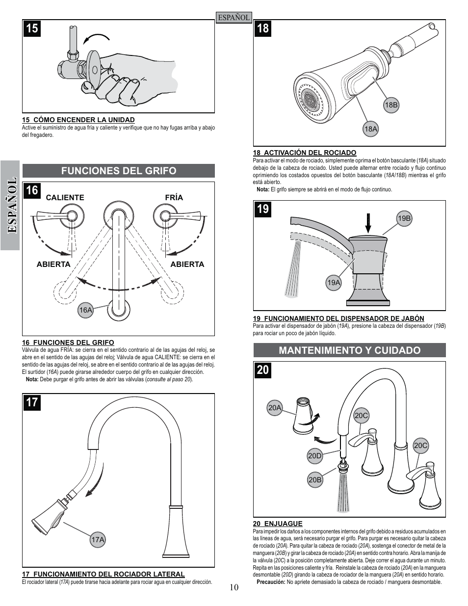 Esp a ñ ol, Funciones del grifo, Mantenimiento y cuidado | Pfister F-531-4PAS User Manual | Page 10 / 18