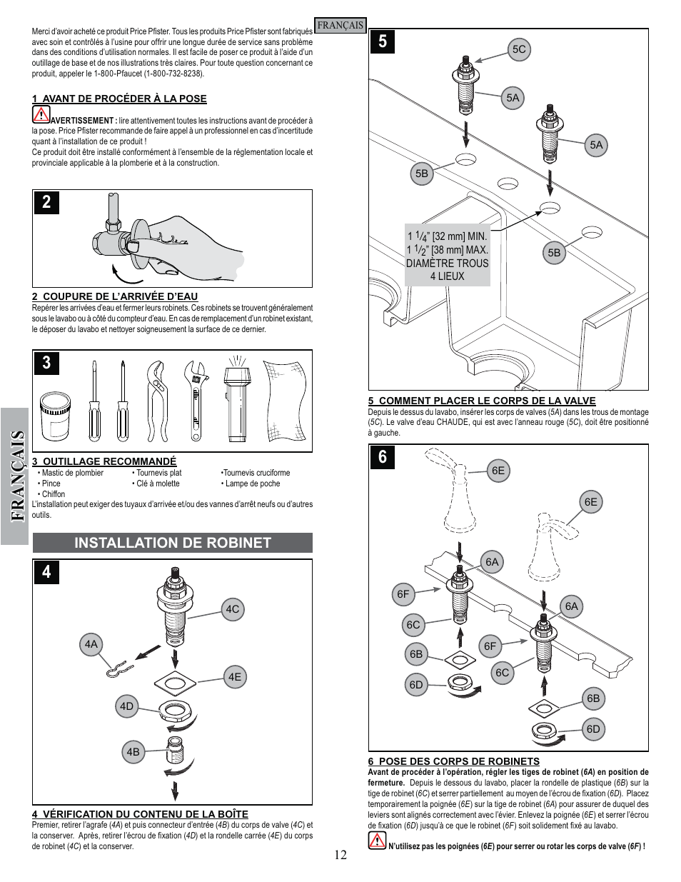 Fran ç ais, Installation de robinet | Pfister F-531-4PAS User Manual | Page 12 / 18