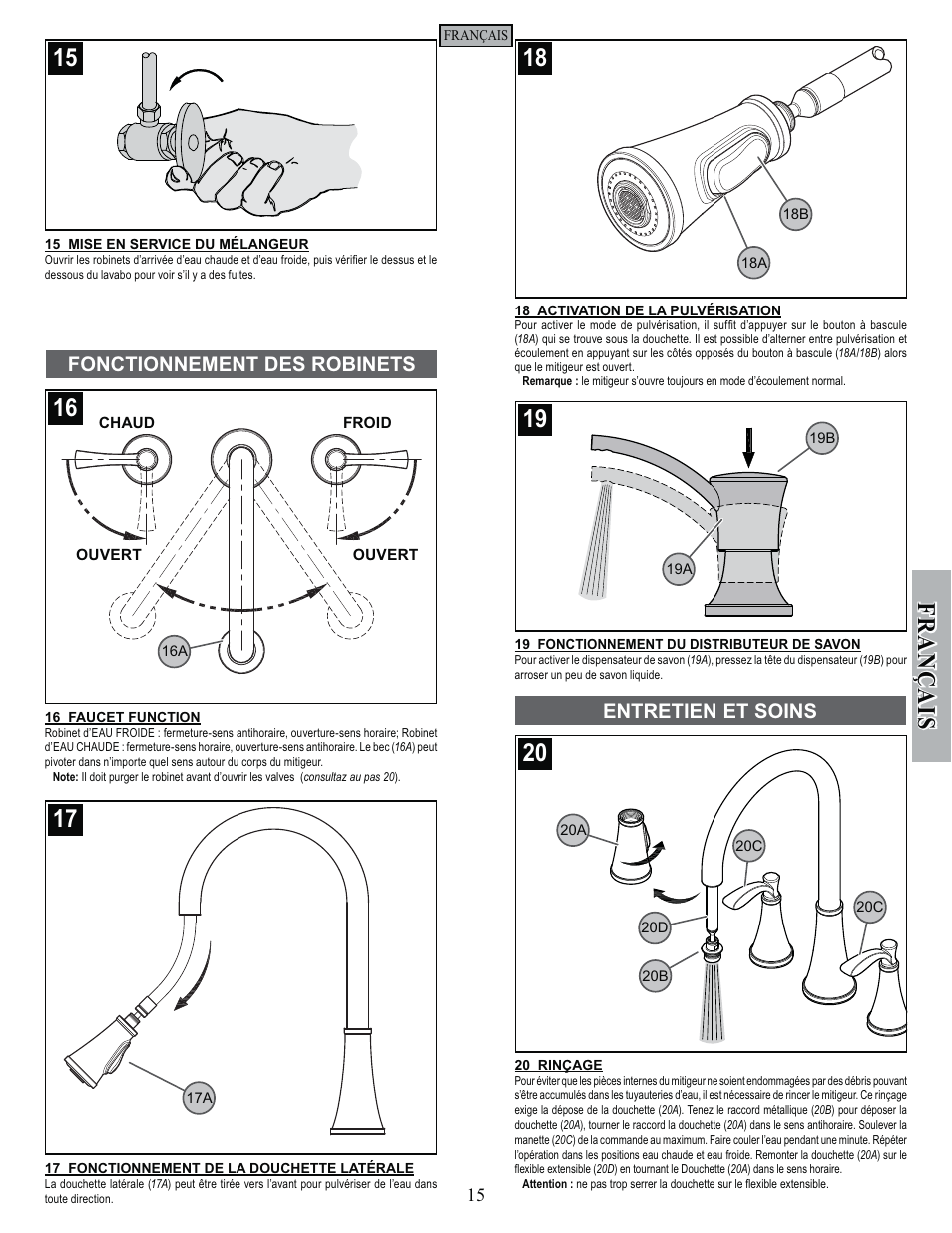 Fran ç ais, Fonctionnement des robinets, Entretien et soins | Pfister F-531-4PAS User Manual | Page 15 / 18