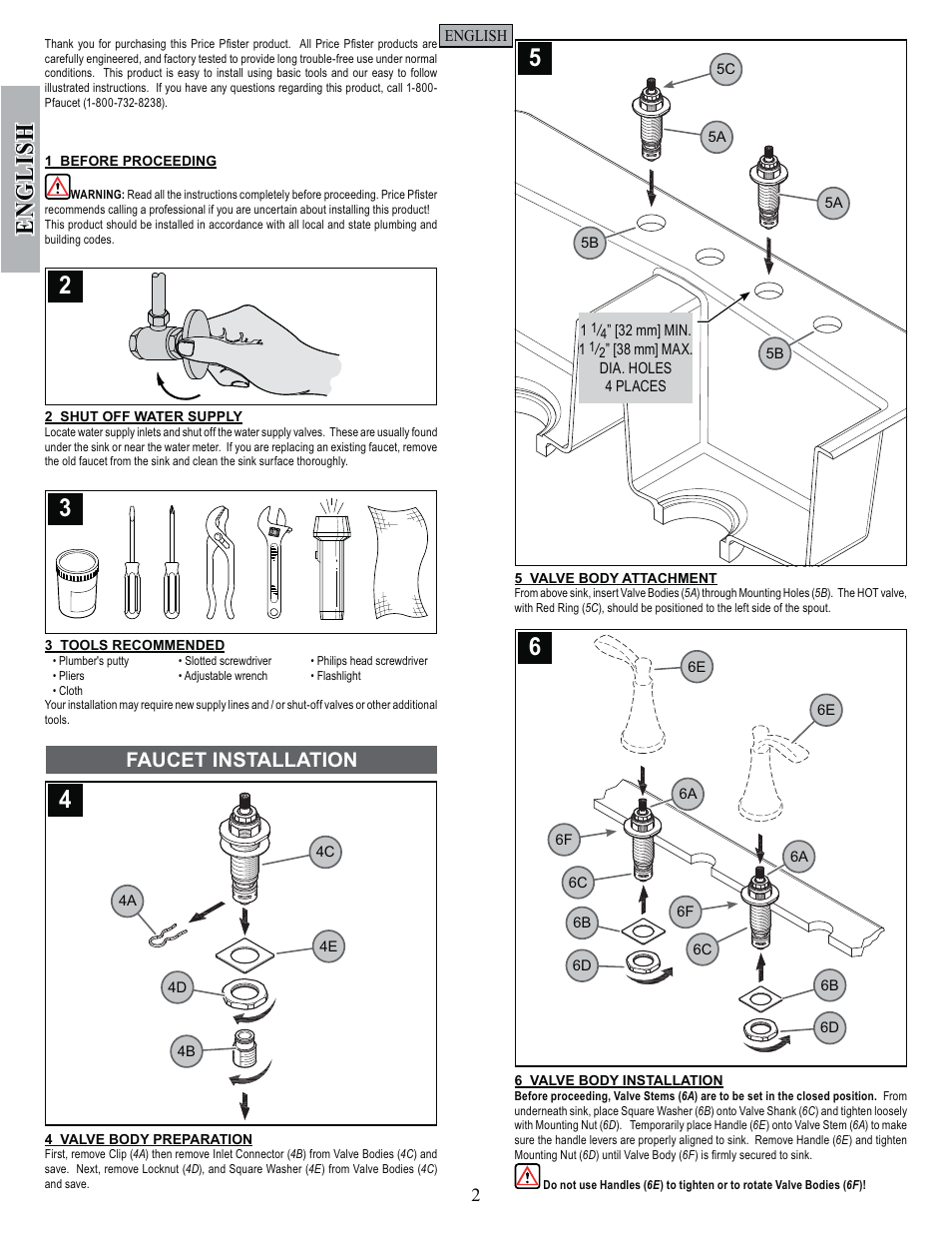 English, Faucet installation | Pfister F-531-4PAS User Manual | Page 2 / 18