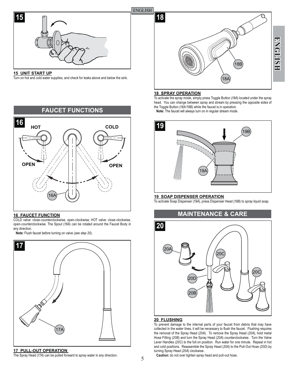 English, Faucet functions, Maintenance & care | Pfister F-531-4PAS User Manual | Page 5 / 18