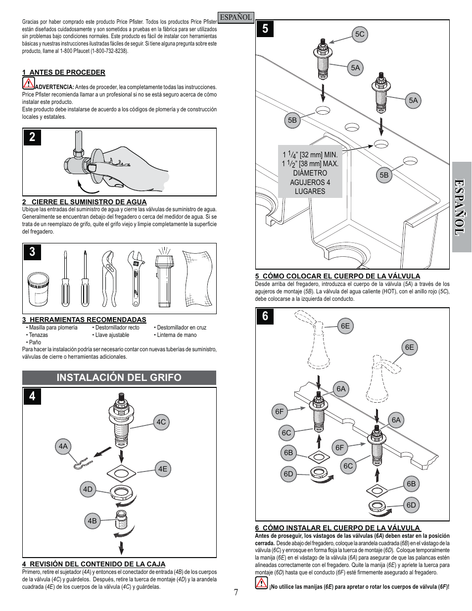 Esp a ñ ol, Instalación del grifo | Pfister F-531-4PAS User Manual | Page 7 / 18