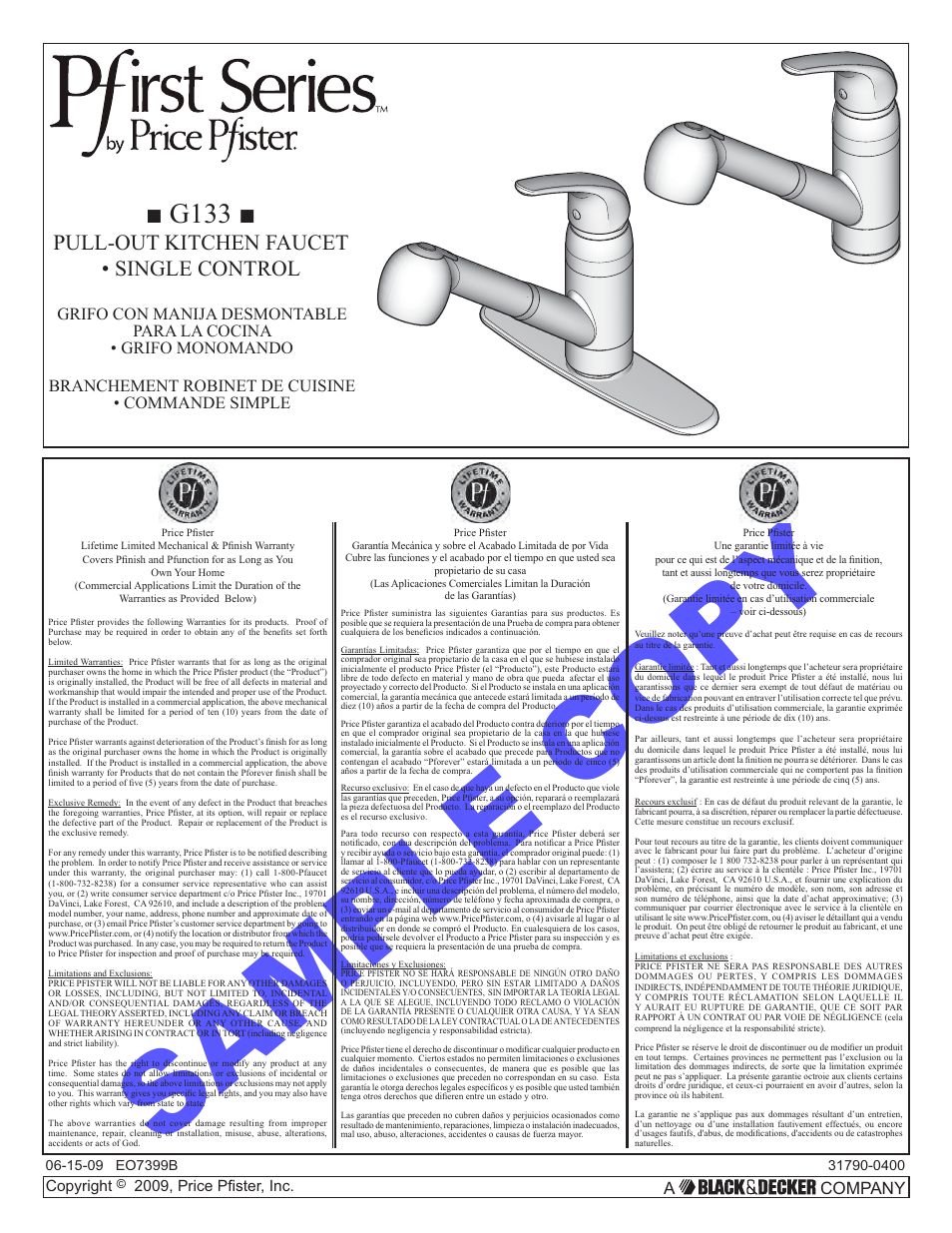 Pfister G133-10SS User Manual | 8 pages
