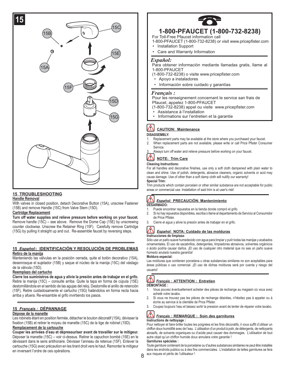 Español, Français | Pfister G133-10SS User Manual | Page 8 / 8