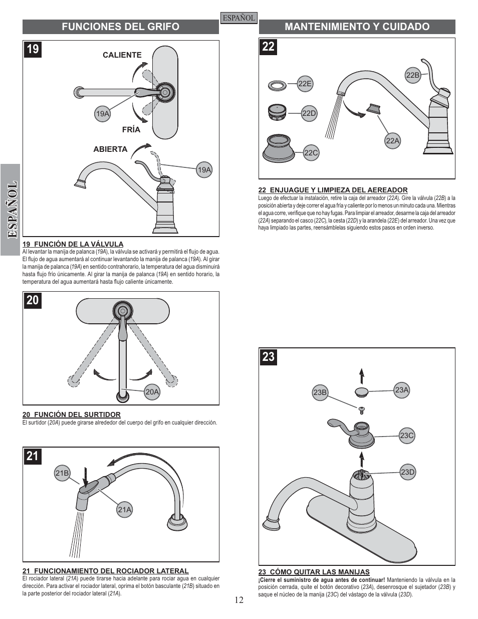 Esp a ñ ol | Pfister GT34-4PS0 User Manual | Page 12 / 20