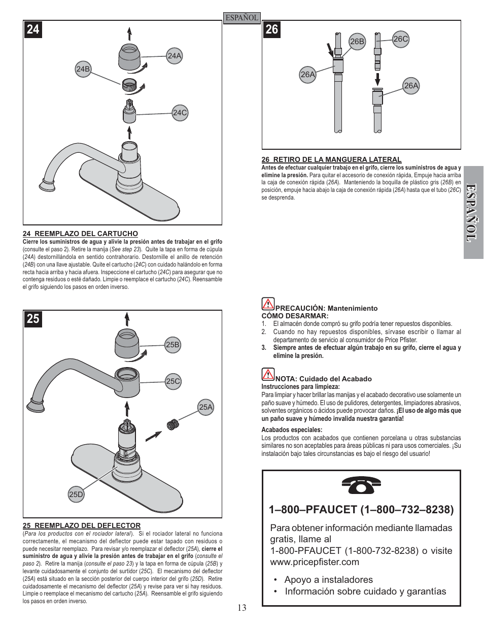 Esp a ñ ol | Pfister GT34-4PS0 User Manual | Page 13 / 20