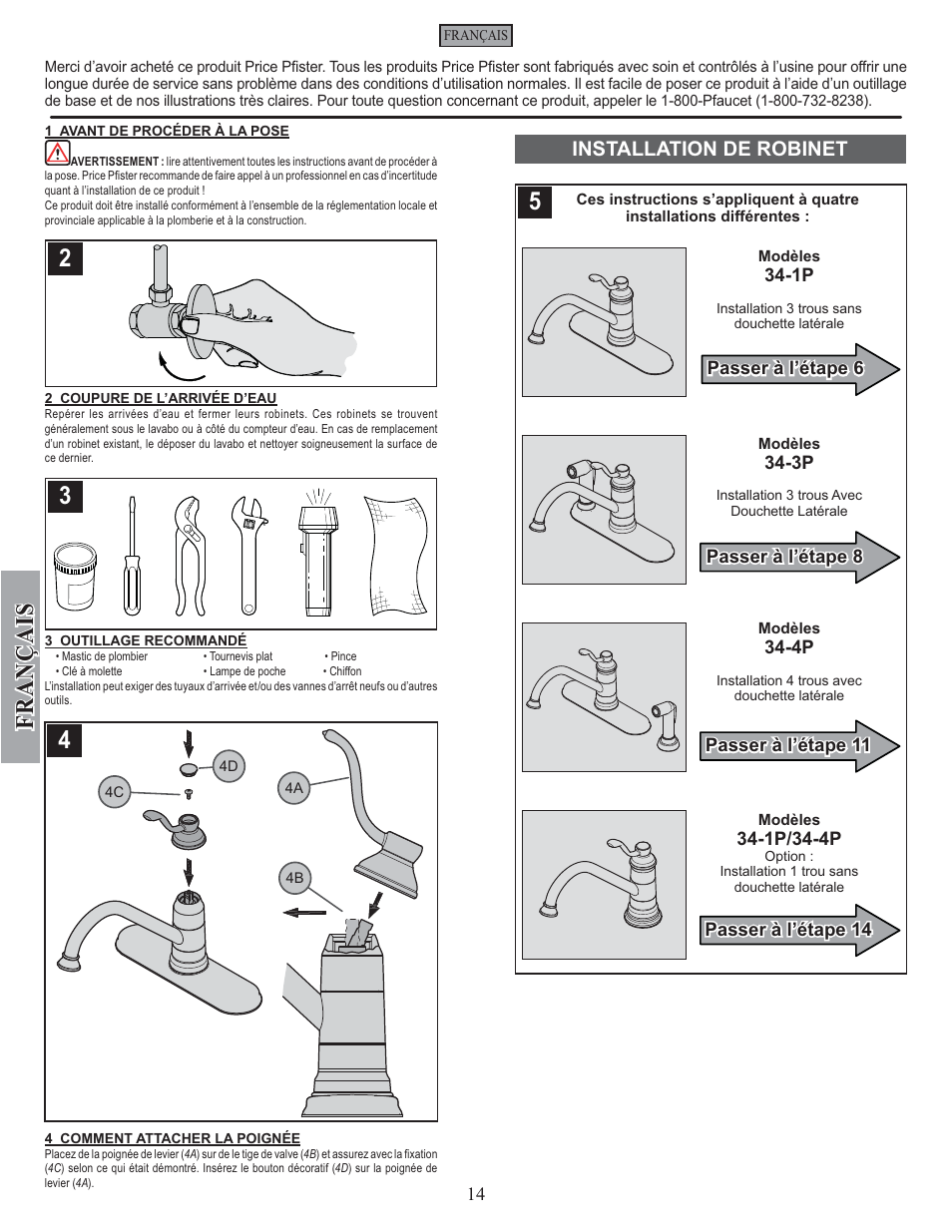 Fran ç ais, Installation de robinet | Pfister GT34-4PS0 User Manual | Page 14 / 20