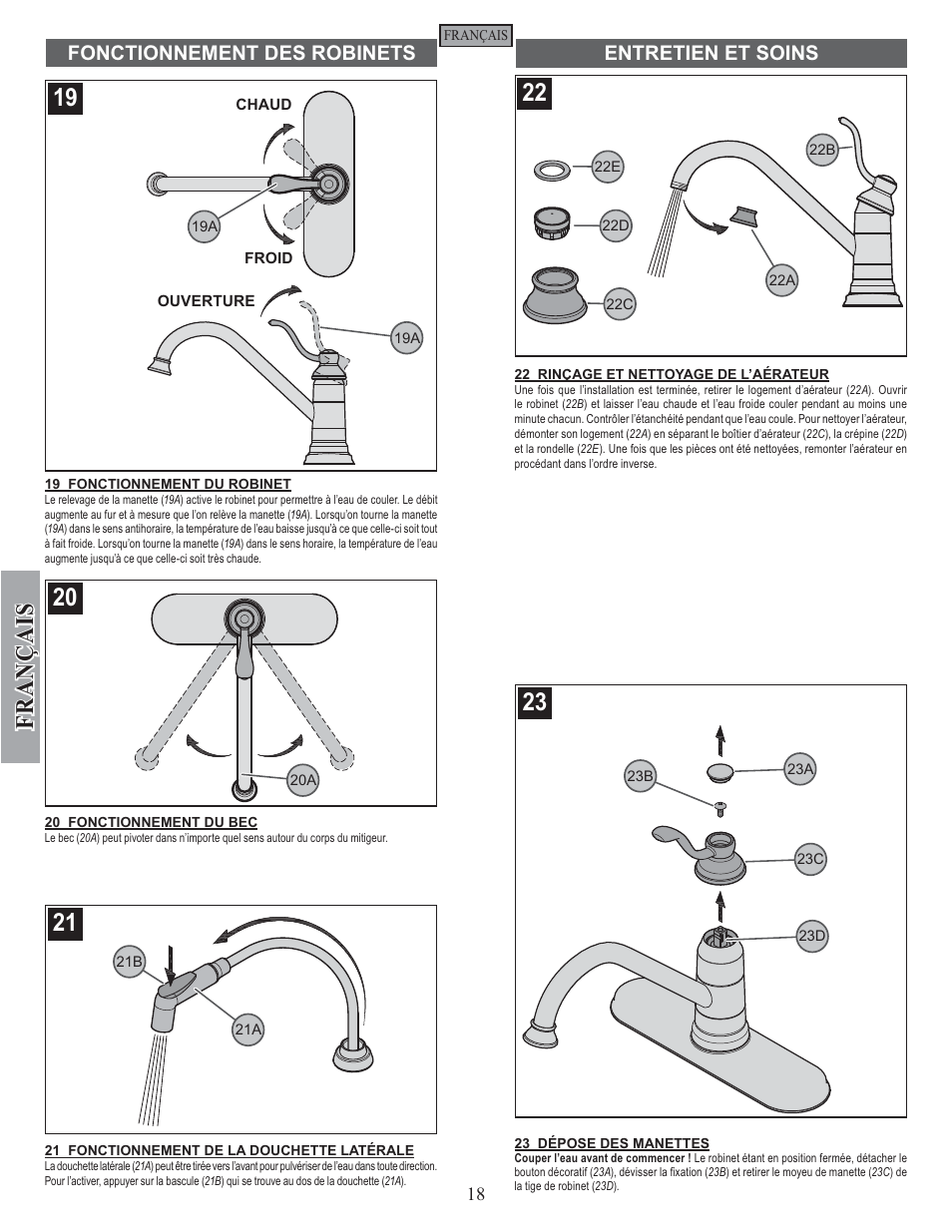 Fran ç ais, Fonctionnement des robinets entretien et soins | Pfister GT34-4PS0 User Manual | Page 18 / 20