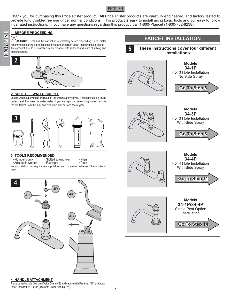 English, Faucet installation | Pfister GT34-4PS0 User Manual | Page 2 / 20