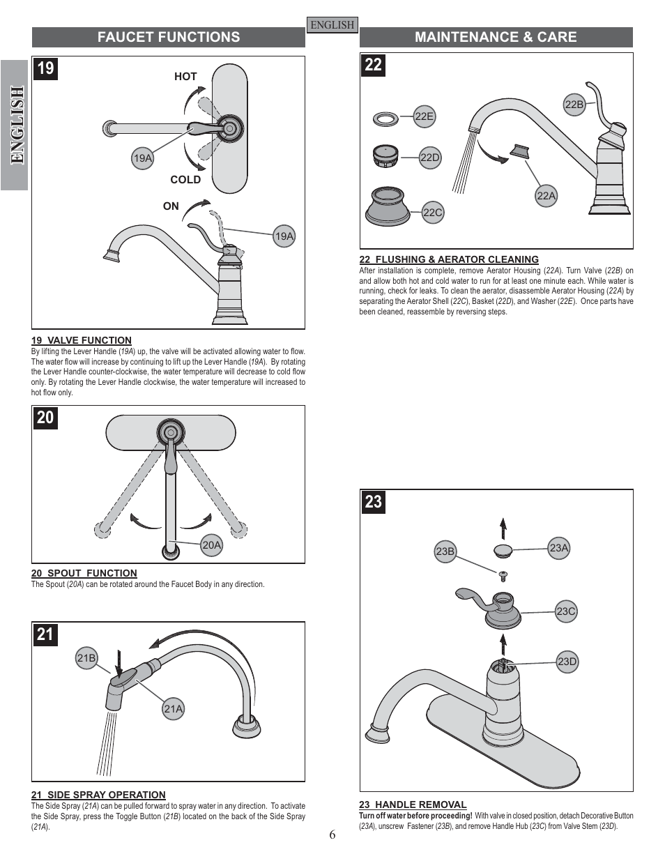 English, Maintenance & care faucet functions | Pfister GT34-4PS0 User Manual | Page 6 / 20